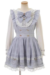 Jirai Kei Long Sleeves Print Ruffle Bowknot Lace-Up Dress 3 Colors